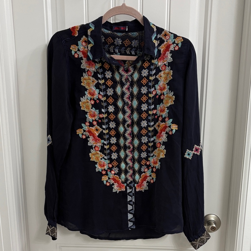 Johnny Was Black Floral Embroidered Blouse